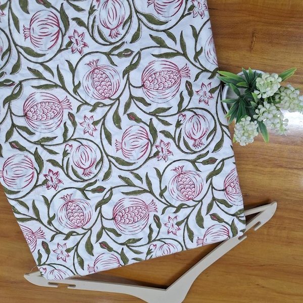 Pre-order hand block printed cotton white and maroon pomegranate floral 3375