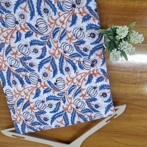 Pre-order hand block printed cotton white, blue and orange floral 3376