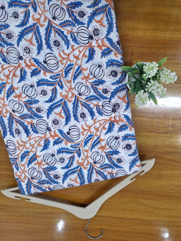 Pre-order hand block printed cotton white, blue and orange floral 3376