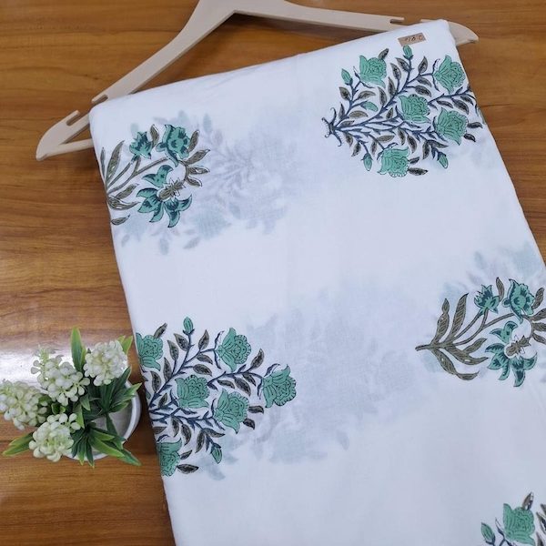 Pre-order hand block printed cotton white and green floral 3377
