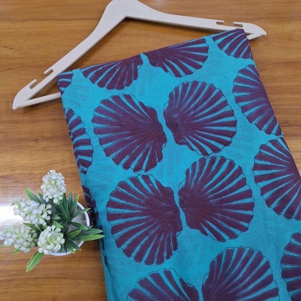 Pre-order hand block printed cotton turquoise and purple seashell 3378