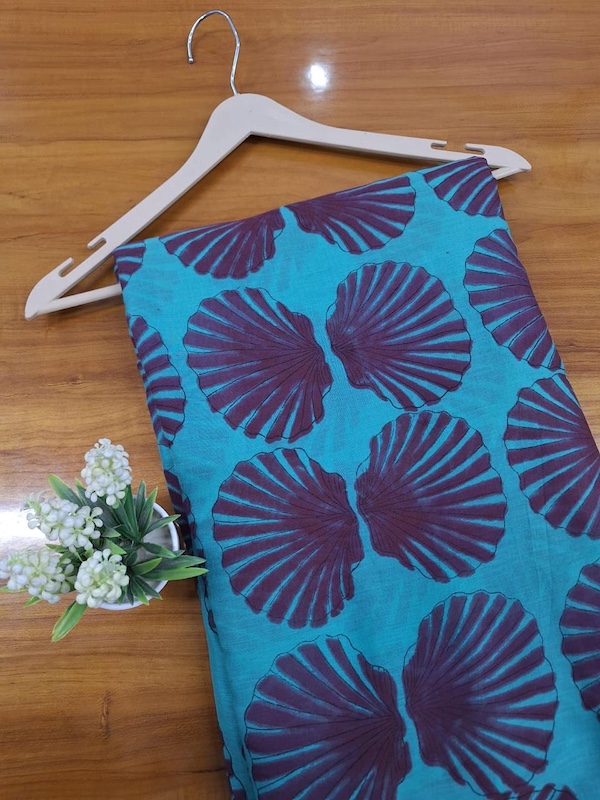Pre-order hand block printed cotton turquoise and purple seashell 3378