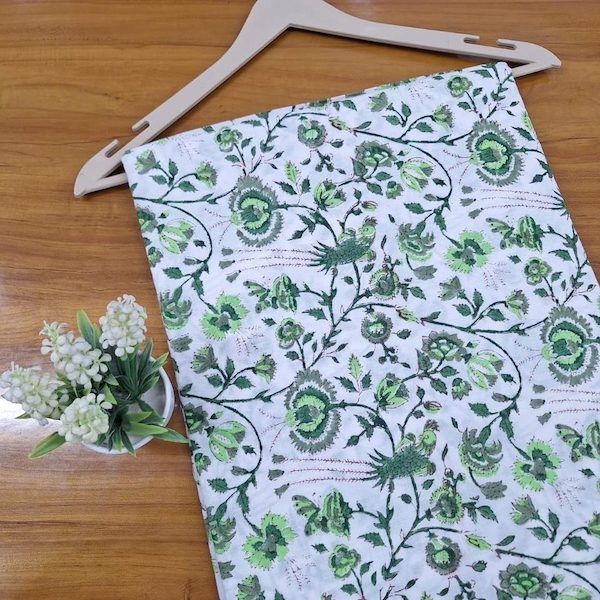 Pre-order hand block printed cotton white and green floral 3379