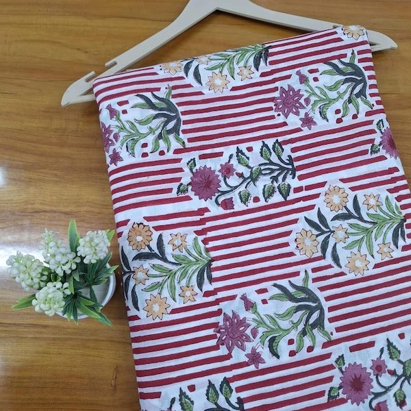 Pre-order hand block printed cotton red and white striped floral 3380