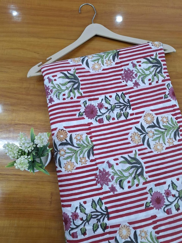 Pre-order hand block printed cotton red and white striped floral 3380