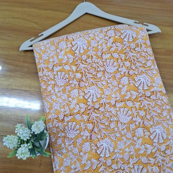 Pre-order hand block printed cotton mustard and white floral 3381