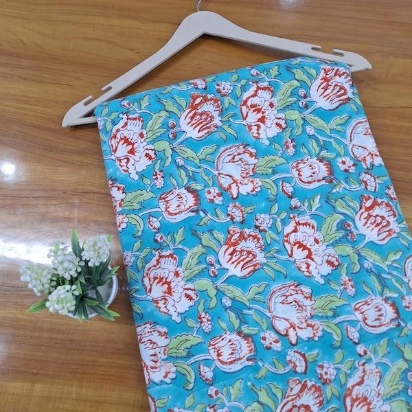 Pre-order hand block printed cotton turquoise and red floral 3382