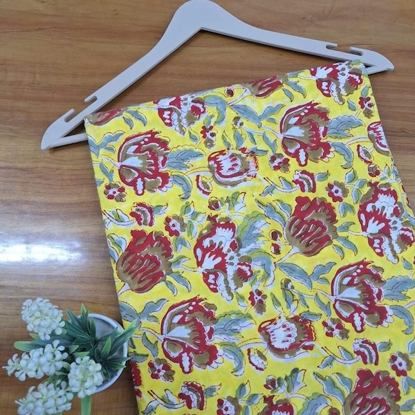 Pre-order hand block printed cotton yellow and red floral 3383