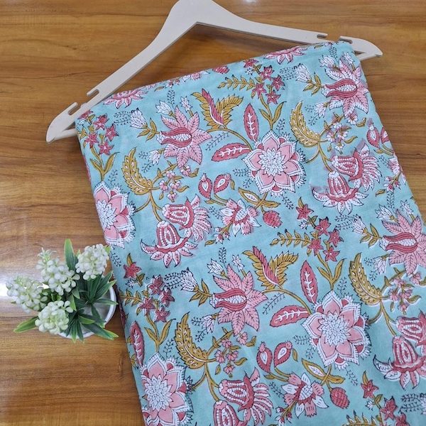 Pre-order hand block printed cotton aqua and pink floral 3384