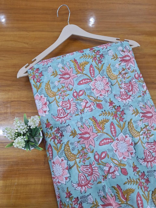 Pre-order hand block printed cotton aqua and pink floral 3384