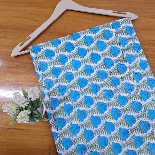 Pre-order hand block printed cotton white and blue floral 3386