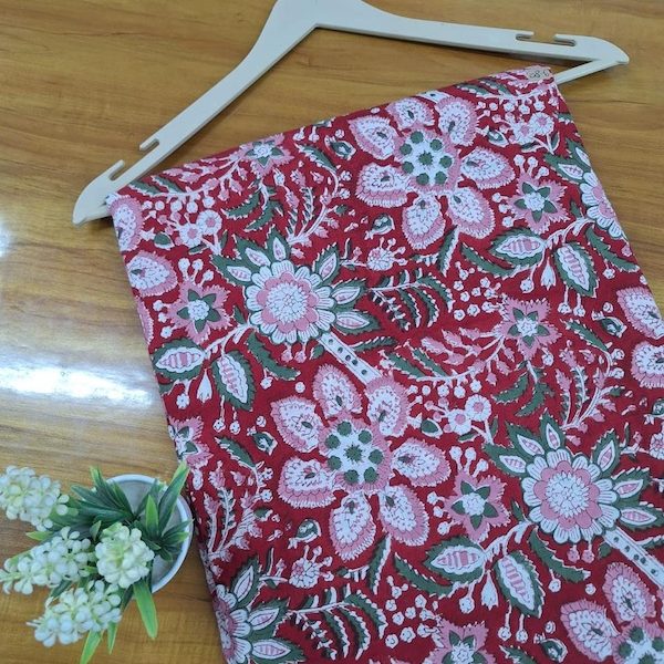Pre-order hand block printed cotton red and pink floral 3387