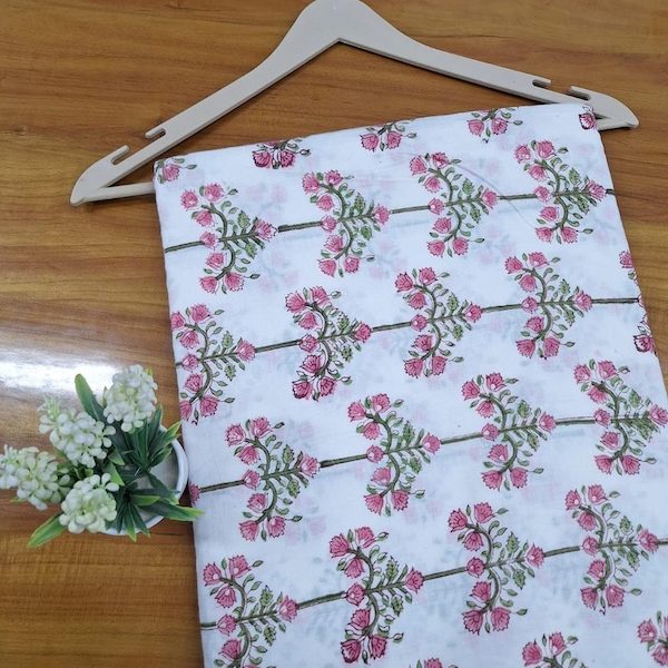 Pre-order hand block printed cotton white and pink floral 3388
