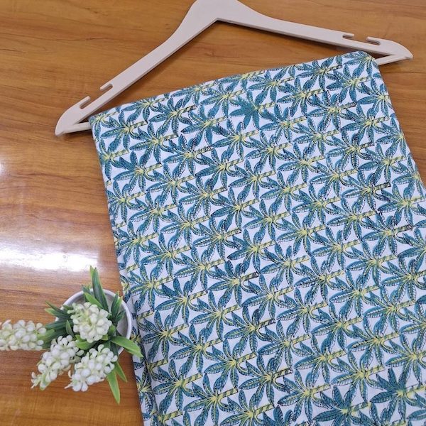 Pre-order hand block printed cotton grey blue and yellow floral 3389