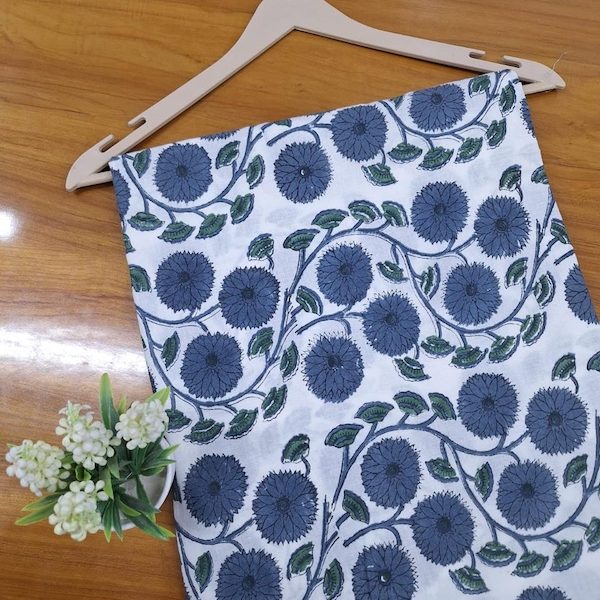 Pre-order hand block printed cotton white and navy floral 3390