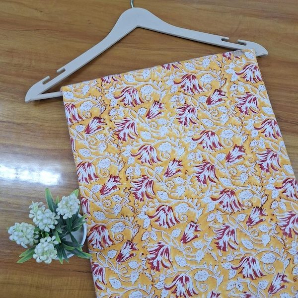 Pre-order hand block printed cotton mustard and red floral 3391