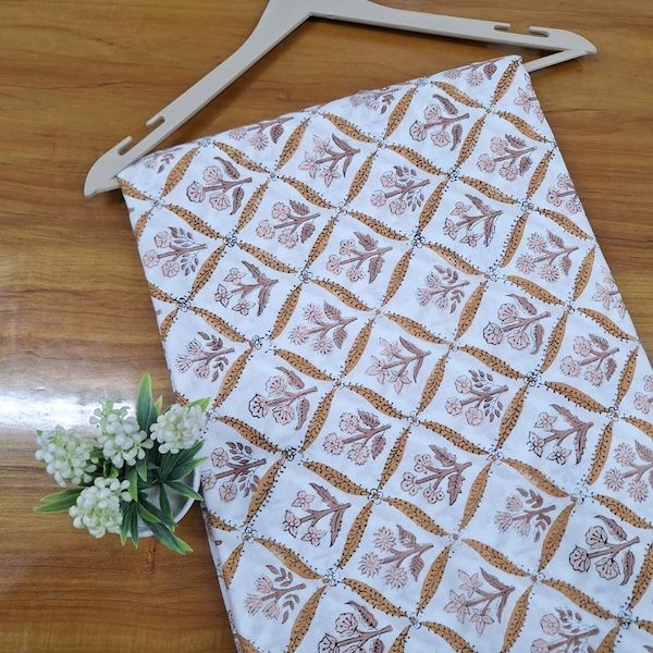 Pre-order hand block printed cotton white and brown floral 3392