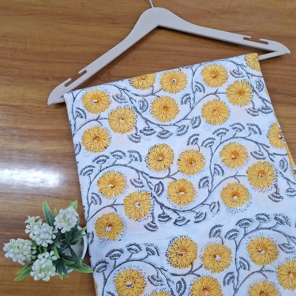 Pre-order hand block printed cotton white and yellow floral 3393