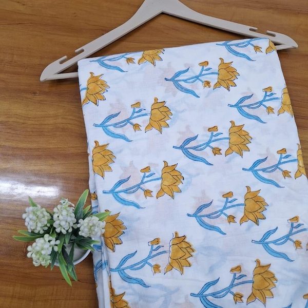 Pre-order hand block printed cotton white, blue and mustard floral 3394
