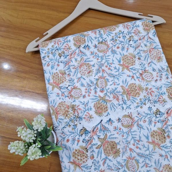 Pre-order hand block printed cotton white, blue and peach floral 3396