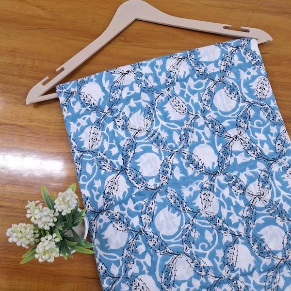 Pre-order hand block printed cotton blue and white floral 3397