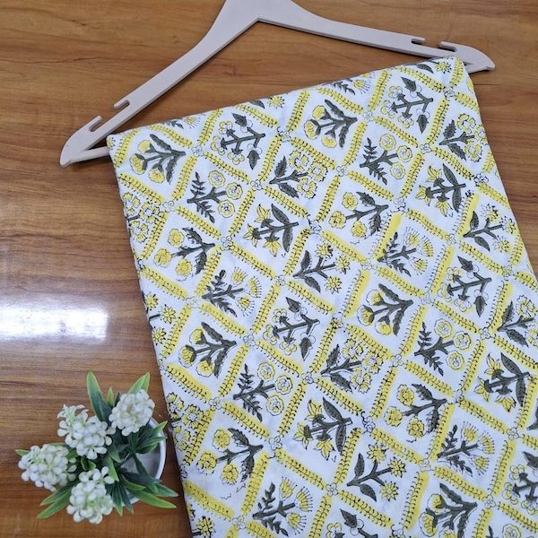 Pre-order hand block printed cotton yellow and grey floral 3398