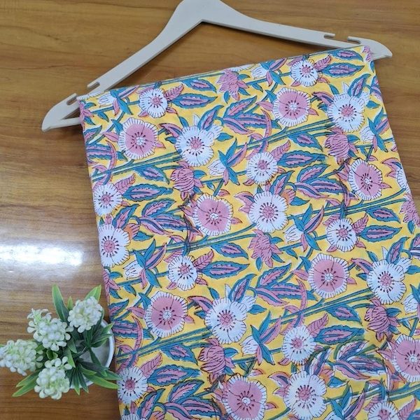 Pre-order hand block printed cotton yellow and pink floral 3400