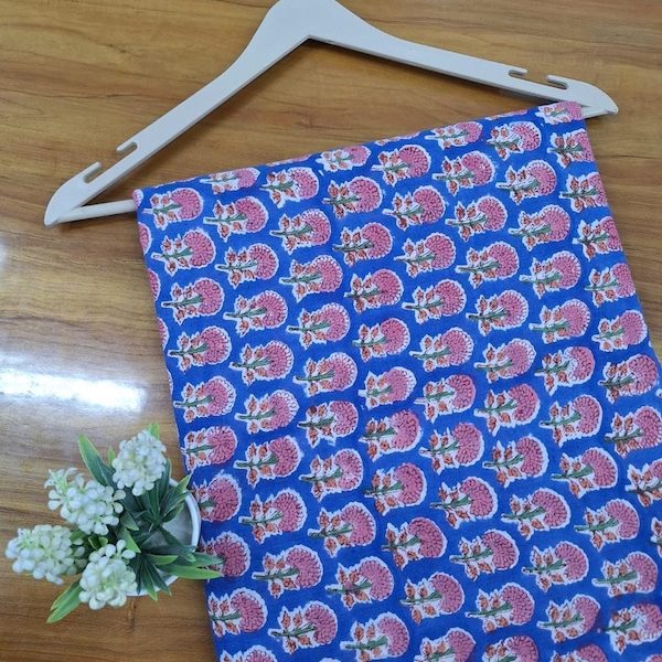 Pre-order hand block printed cotton blue and pink floral 3401