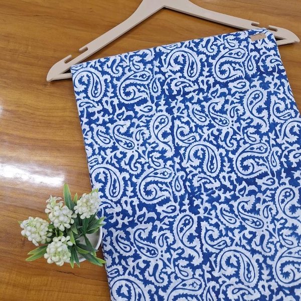 Pre-order hand block printed cotton blue and white paisley 3402