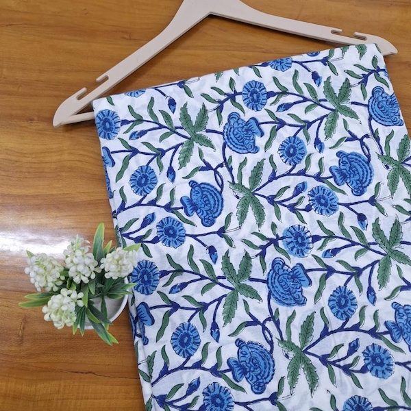 Pre-order hand block printed cotton white, blue and green floral 3403