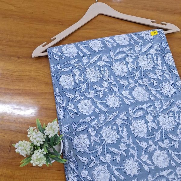 Pre-order hand block printed cotton grey and white floral 3404