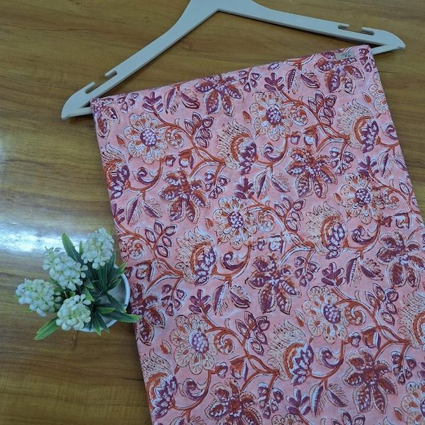 Pre-order hand block printed cotton pink and maroon floral 3405