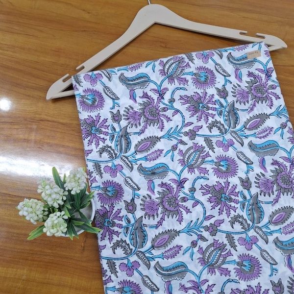 Pre-order hand block printed cotton white and purple floral 3406