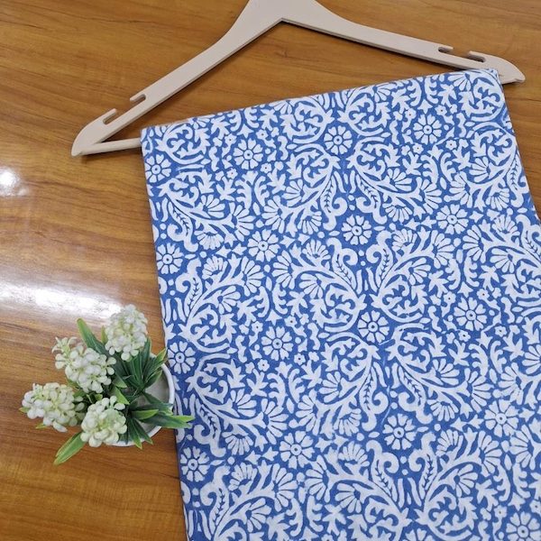 Pre-order hand block printed cotton blue and white floral 3408