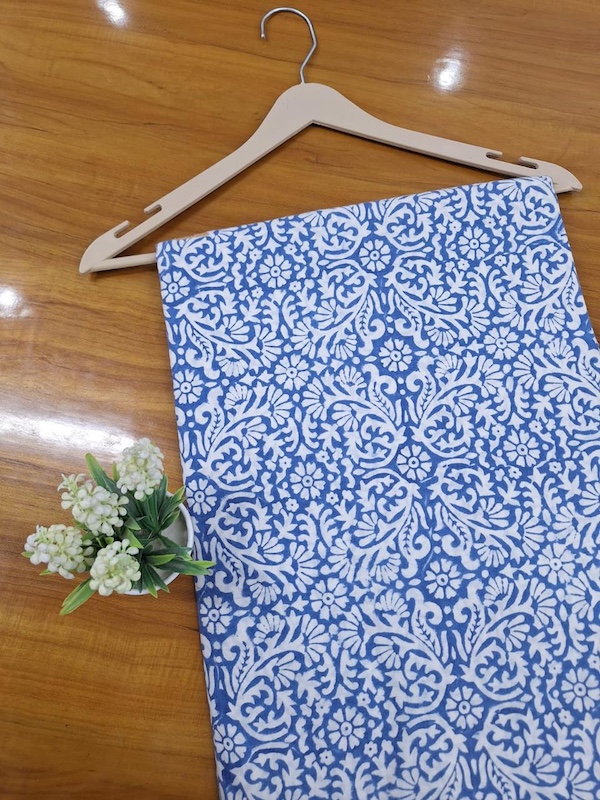 Pre-order hand block printed cotton blue and white floral 3408