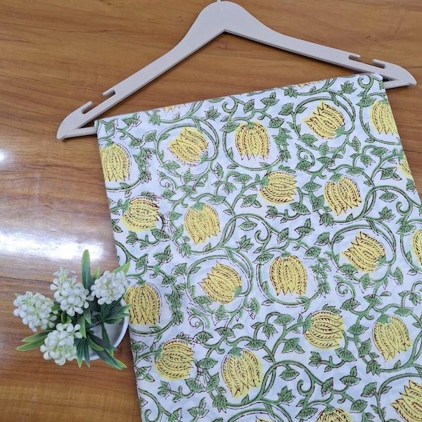 Pre-order hand block printed cotton white, green and yellow floral 3409