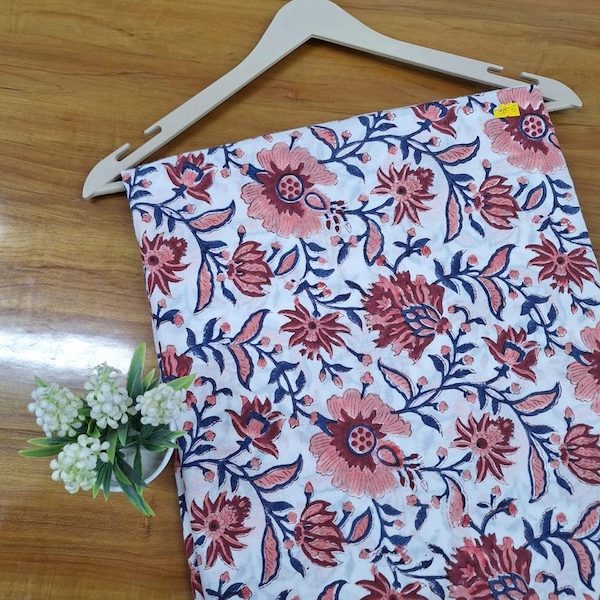 Pre-order hand block printed cotton white and red floral 3410
