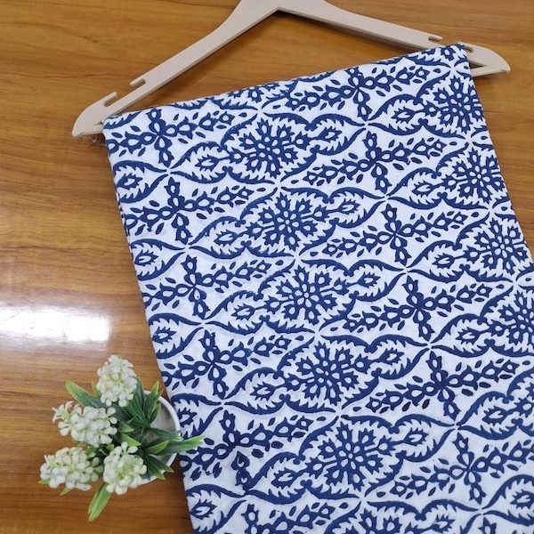 Pre-order hand block printed cotton white and navy floral 3412