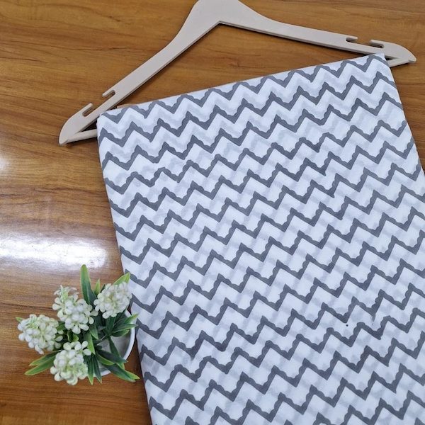 Pre-order hand block printed cotton white and grey chevron 3413