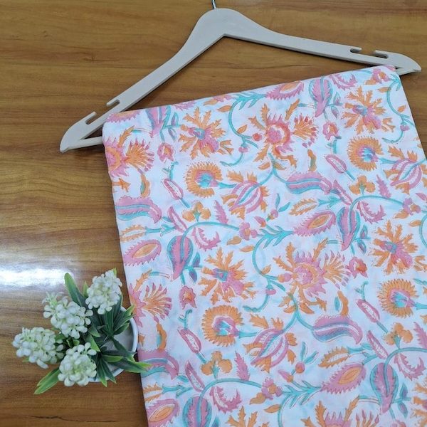 Pre-order hand block printed cotton white, orange and aqua floral 3414