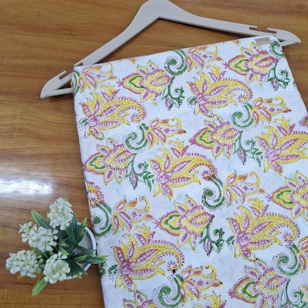 Pre-order hand block printed cotton white and yellow floral 3415