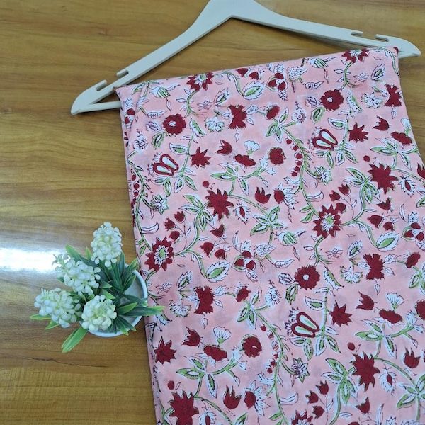 Pre-order hand block printed cotton peach and maroon floral 3416