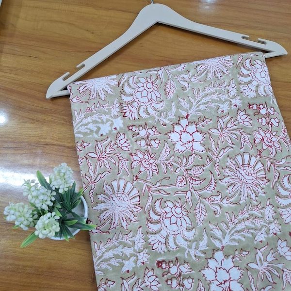 Pre-order hand block printed cotton beige and maroon floral 3417