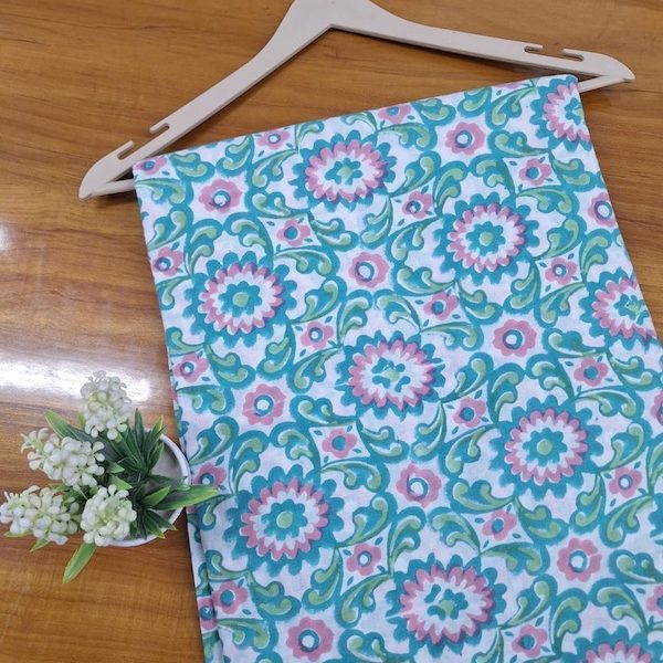 Pre-order hand block printed cotton white, teal and pink floral 3418