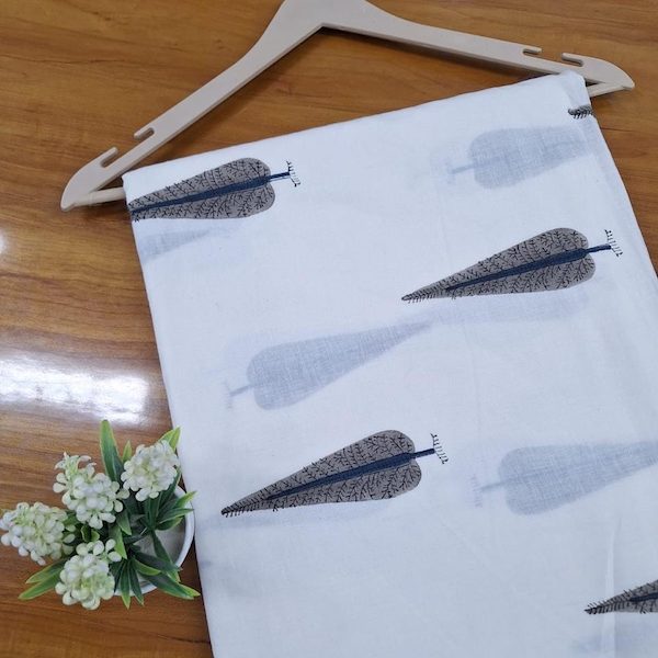 Pre-order hand block printed cotton white and grey leaf 3419