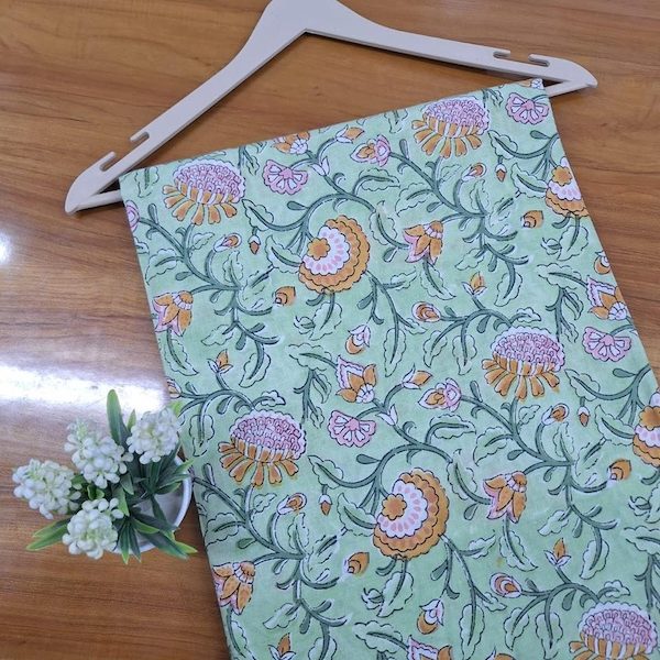 Pre-order hand block printed cotton mint green and orange floral 3420