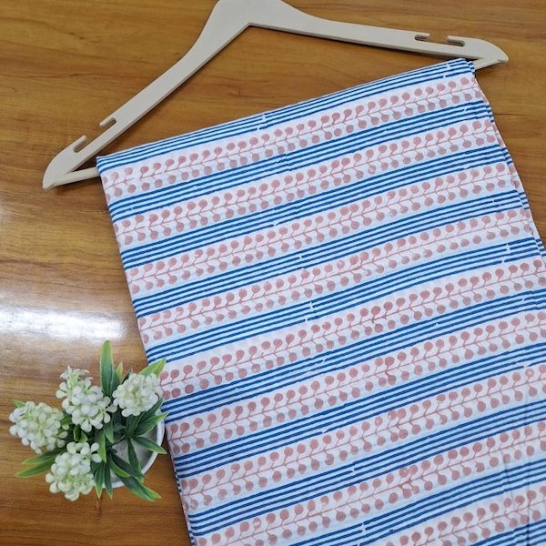 Pre-order hand block printed cotton blue and peach stripes 3421