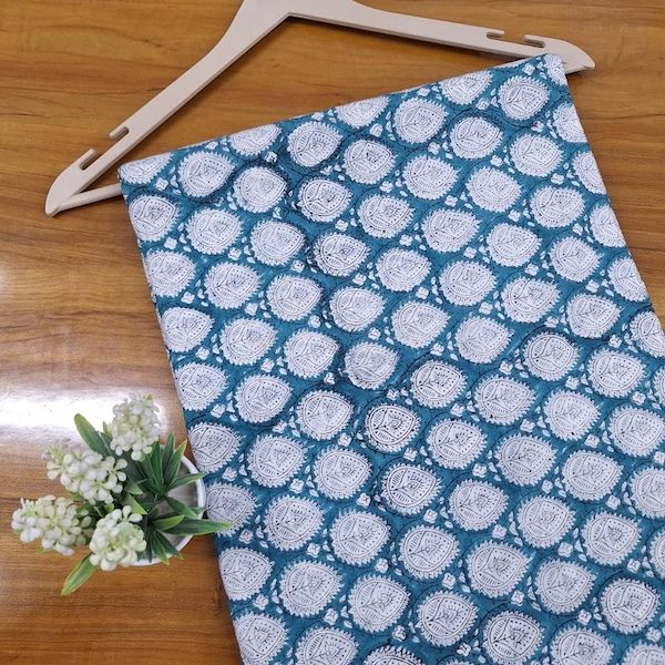 Pre-order hand block printed cotton teal and white abstract 3422